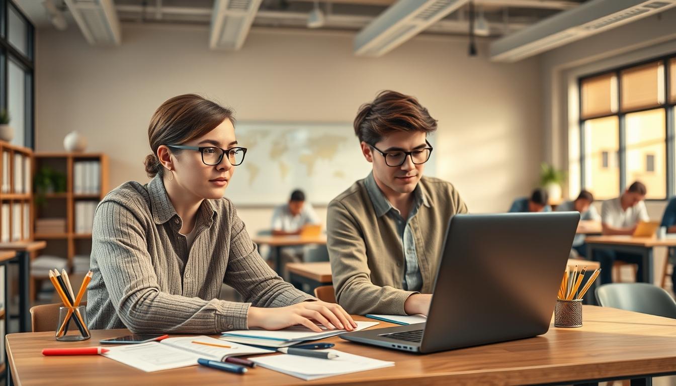 Student using a study guide to organize academic notes